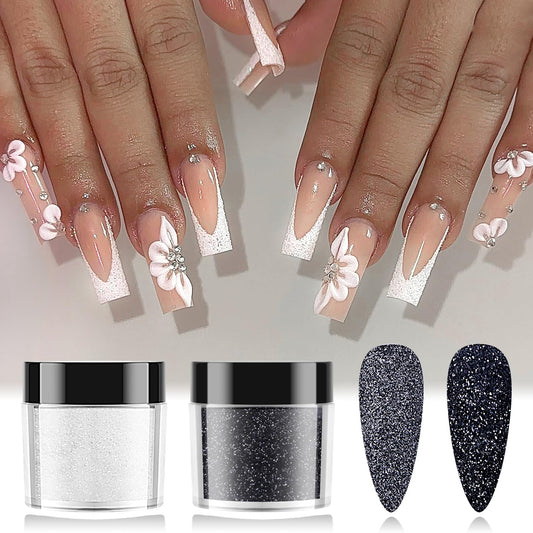 Furtherpretty Nail Glitter Powder Set, 2PCS Black & White Extra Fine Glitter Dust for Nails, Sugar Effect Powder for Acrylic Nails, Shiny Nail Art Decoration, Efecto Azúcar para Uñas Acrílicas