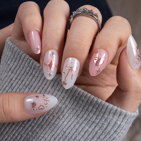 CurvLife Soft Gel Almond Press On Nails, Long-Lasting Reusable Fake Nails Kit with Glue & Tabs, 30pcs Salon-Quality Stick On Nails for Women At-Home Manicure (Blush Sparkle)