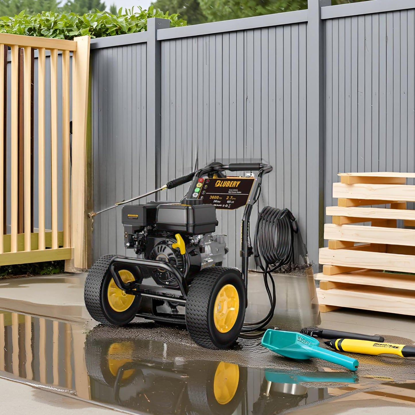 BLUBERY 3600 PSI Gas Pressure Washer, 2.7 GPM Heavy Duty High Power Washer, 30Ft Pressure Hose&Soap Tank,5 Pressure Nozzles,Black