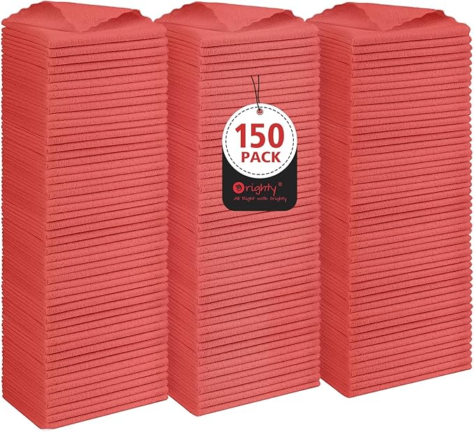 Orighty Cleaning Cloths Bulk, 150 Pack Shop Rags Reusable, Multi-Purpose Shop Towels for Cars, Microfiber Cleaning Rags for Automotive, Mechanic, Kitchen, Lint Free Towels 11.5ââ x 11.5ââ, Red
