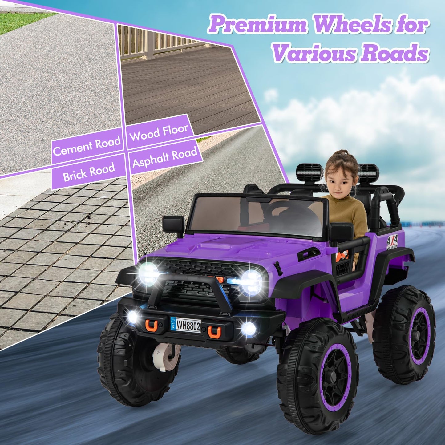 INFANS 24V 2 Seater Ride on Car for Kids, 2WD/4WD Battery Powered with Remote Control, Music, USB, MP3, Spring Suspension, 20" Wide Seat Electric Jeep Toys for Boys Girls Aged 3+ (Purple)