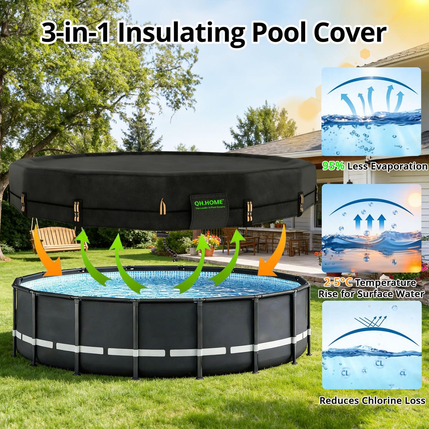 QH.HOME 550D 16ft Pool Cover Round[Upgraded Tear Resistant & Quadruple Windproof] wth Pre-Installed Patented Winch and Rope, Pool Covers for Above Ground Pools-Snug Fit & Waterproof Protection