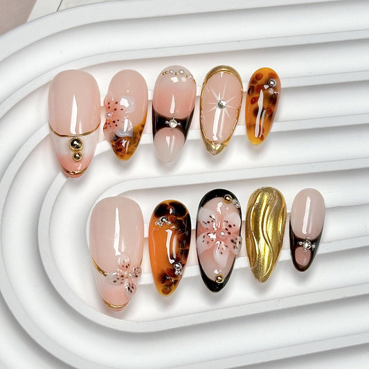 Almond Press on Nails Medium - Handmade Fake Nails with 3D Gold Flower Design - Winter Cherry Full Cover Glue on False Nails for Women - (Size S)