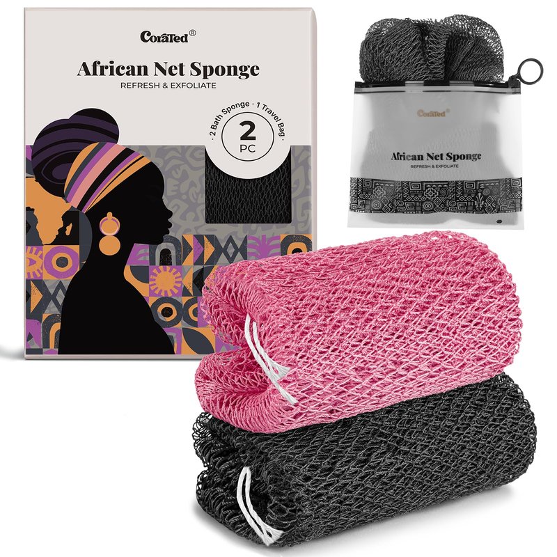 CORATED Authentic African Net Sponge with Knots, Shower Loofah Exfoliating Bath Sponge, Body Scrubber for Women and Men Daily Use Body Care, Travel Portable, Durable Bath Accessories for Bathroom