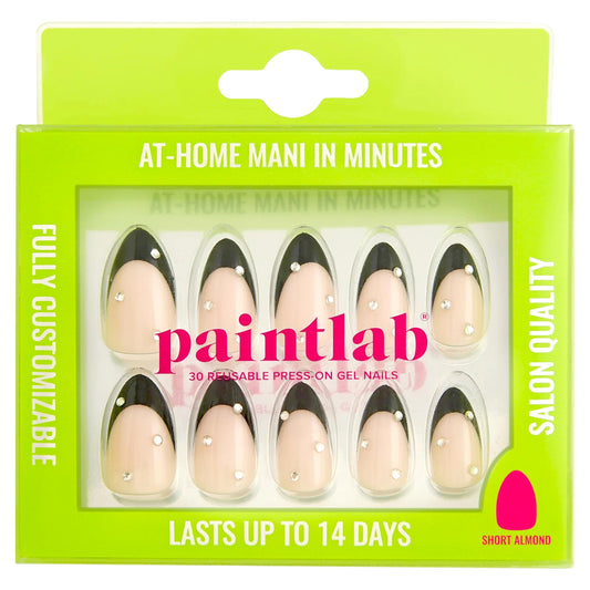 PaintLab Press On Nails - Black Glam Noir 3D Rhinestone Short Almond Fake Nails, 30 Nails in 15 Sizes with Glue, Reusable Salon Quality Press On Nails