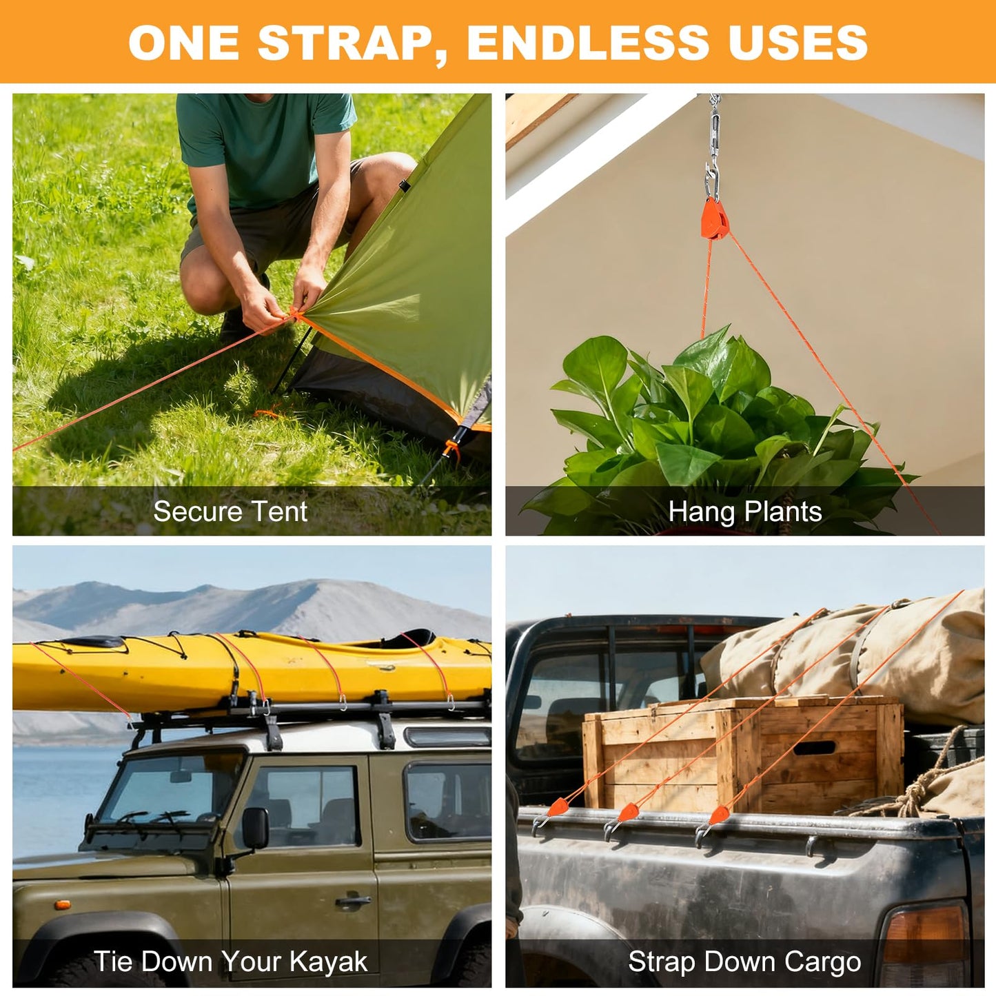 Longer 14ft Retractable Paracord Rope Tie Down Ratchet Strap Small Straps Mini Rope Cam Lock Tent Canopy Tie Down Adjustable Outdoor Windproof Tightener Tensioner Hanger Grow Light 4 Pack 1/8""