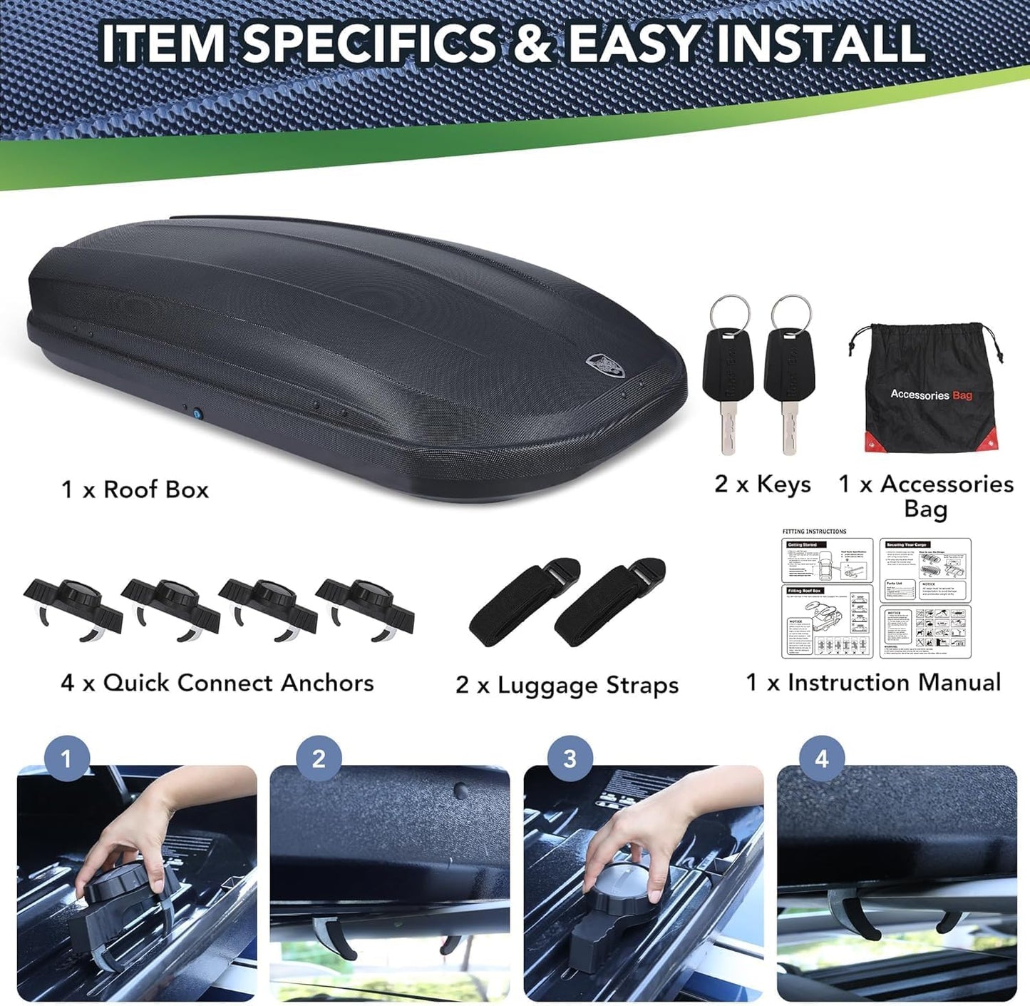Garvee Rooftop Cargo Box Carrier Dual-Side Opening,12 Cubic Hard Shell Rooftop Cargo Carrier,165Lbs Weight Capacity with Secure Straps&Keys