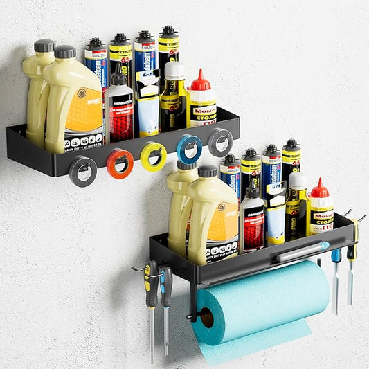 SUNTECH Garage Paper Towel Holder with 2 Shelves,One-Hand Tear Wall Shelf, Wall Mount Shop Paper Towel Holder with Hooks for Garage Organization and Storage(Black)