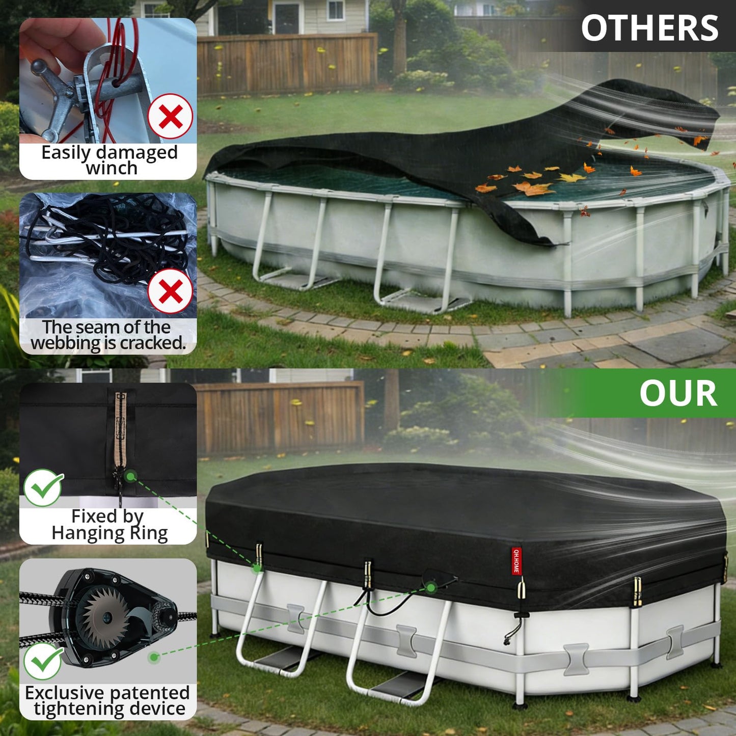 QH.HOME 8.2x14ft Oval Pool Cover,[Ultimate Windproof & Tear-Resistant Fabric],Snug Fit with Patented Ratchet & Weight Rings,Solar Pool Cover for Above Ground Pools, Blocks Leaves &Waterproof