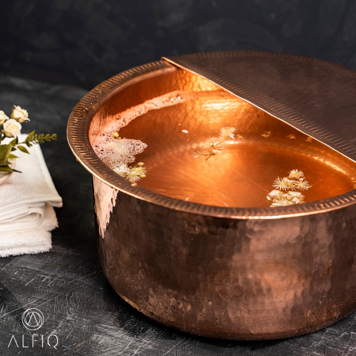 Alfiq 100% Solid Copper Foot Bowl with Removable Footrest, Hand Hammered Large Relaxation Pedicure Basin, 10-20" Sizes, for Spa & Pedicure (12 Inches)