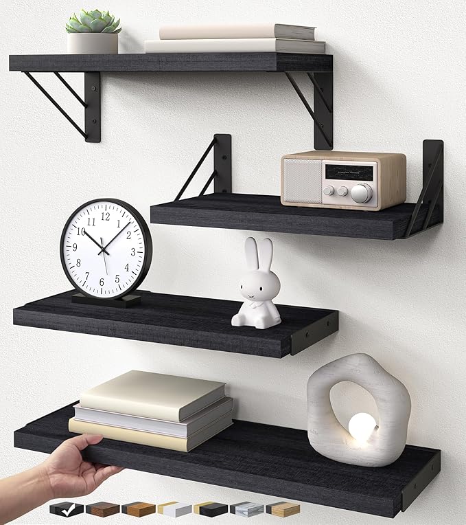 BAYKA Wall Mounted Floating Shelves, Wood Floating Wall Shelf for Books & Decor, Small Space-Saving Display & OrganizerÃ¯Â¼ÂBlackÃ¯Â¼ÂSet of 4Ã¯Â¼Â