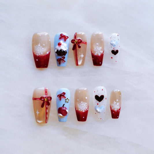 GLORS Christmas Press-On Nails, Medium Length Ballerina Shape, Red Cat Eye Apple Design with 3D Bows, 10 Pieces (Small, MB)