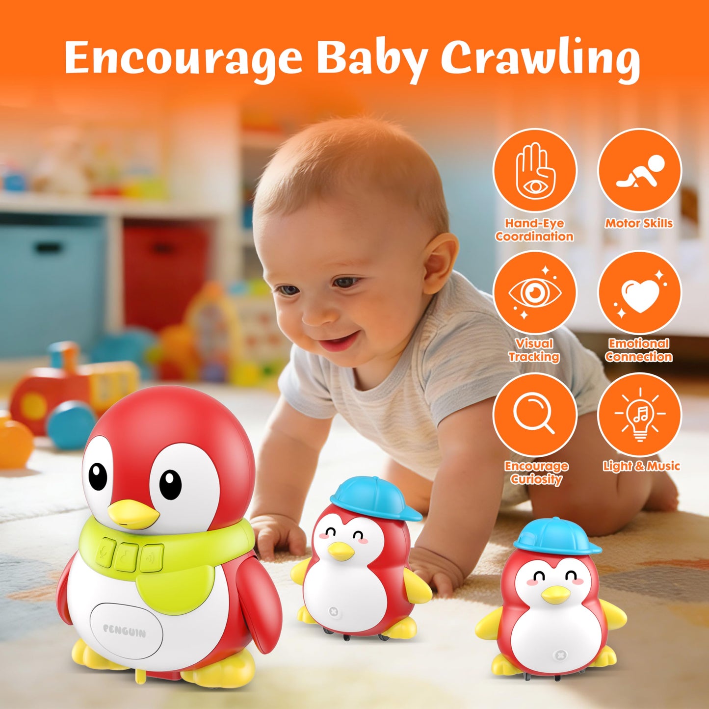 Baby Toys 6-12 Months, Musical Red Penguins Crawling Infant Toys, Early Learning Toy for Tummy Time with Light & Sound, Birthday Gifts for Babies Newborn Boys Girls 6 7 8 9 10 11 Months 1 Year Old