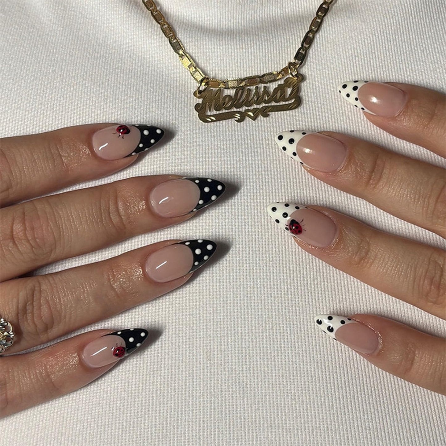 IMRAIN French Tip Press on Nails - Polka Dot, Medium Almond Fake Nails, 3D Red Ladybug Designs, Acrylic Full Cover False Nails, Glossy Black White Glue on Nails for Women Girls 24Pcs