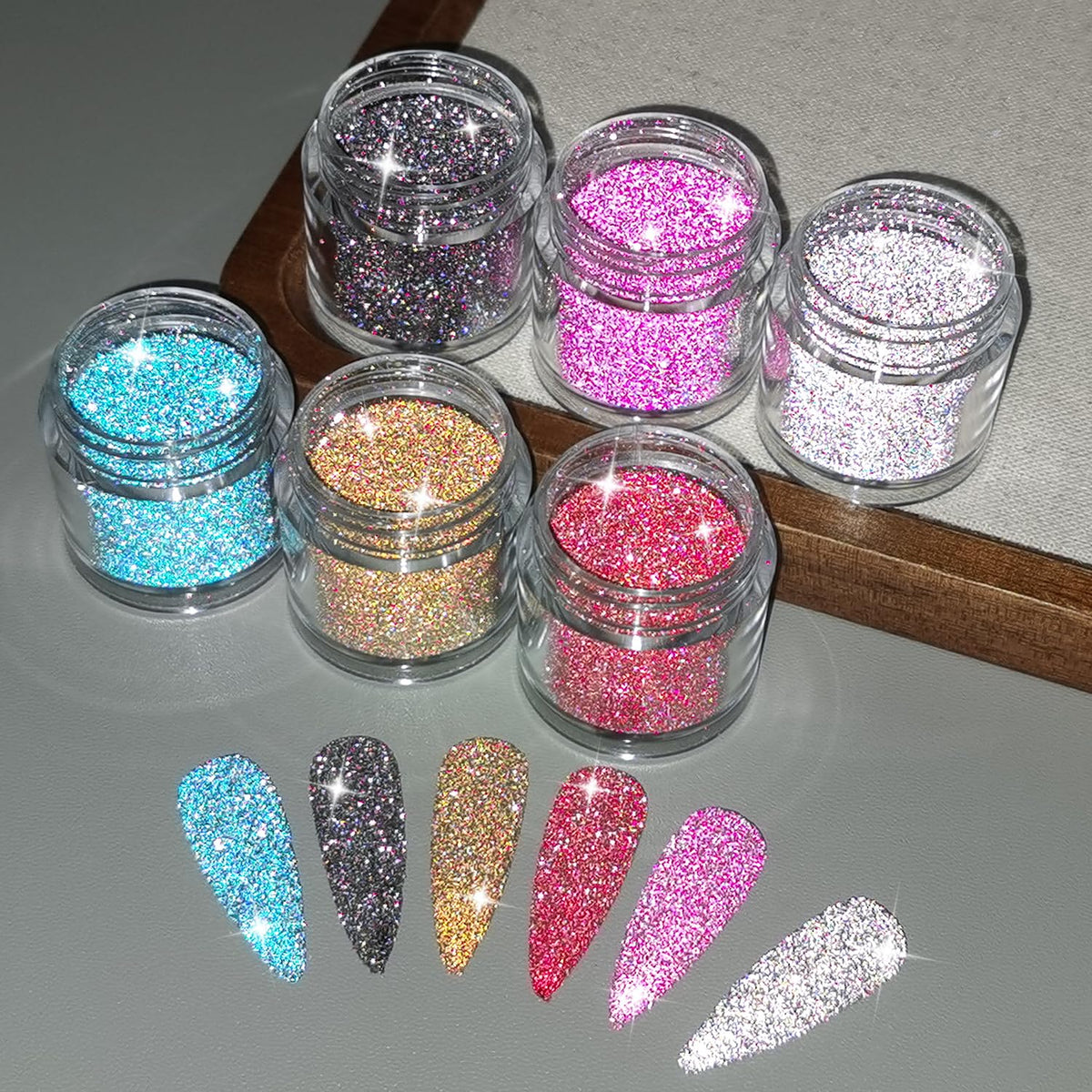 Furtherpretty Reflective Glitter Powder for Nails, 6 Colors Nail Sugar Loose Glitter Powder Set, Flash Sparkle Nail Art Dust in Pink, Silver & Champagne, DIY Manicure Accessories with Brush (#2 Flash)