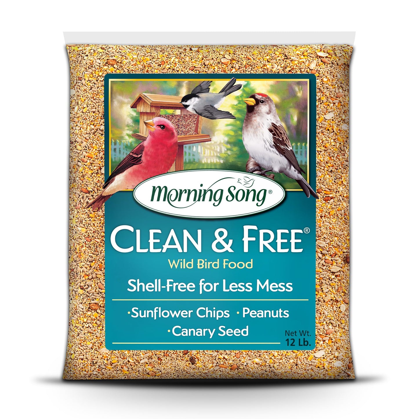Morning Song Clean & Free No Mess Wild Bird Seed â 12 lb. Shell-Free Bird Food Blend with Sunflower Chips, Peanuts & Canary Seed â No Waste Bird Food for Outside Feeders