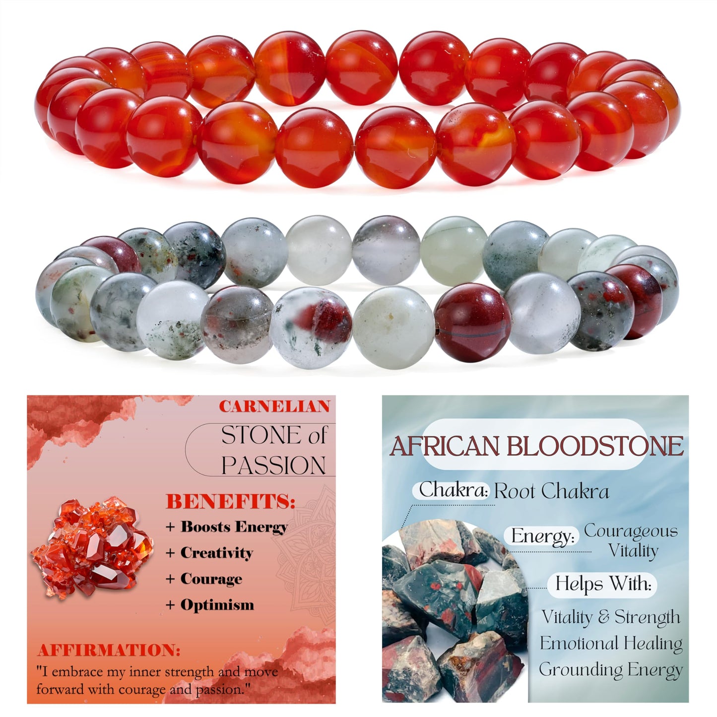 Bivei 2-Piece 8mm Beaded Bracelets for Women – Carnelian, African Bloodstone – Handmade Natural Crystal Stretch Elastic Jewelry for Meditation, Yoga, Protection Gifts
