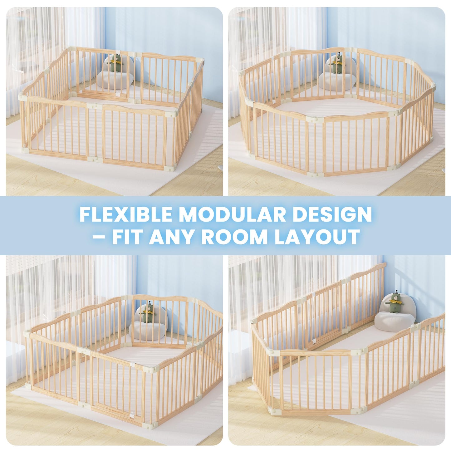 7-in-1 Foldable Wooden Toddler Climbing Toys, Foldable Wooden Playpen - Adjustable Wood Baby Play Yard with Child-Proof Lock