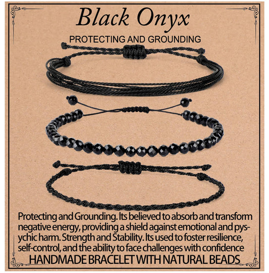 QOGIR Handmade Healing Bracelets,4mm Natural Faceted Black Onyx Gem Stone Beads Bracelet for Men Women Gifts with 2PCS Size Adjustable Rope Bracelets