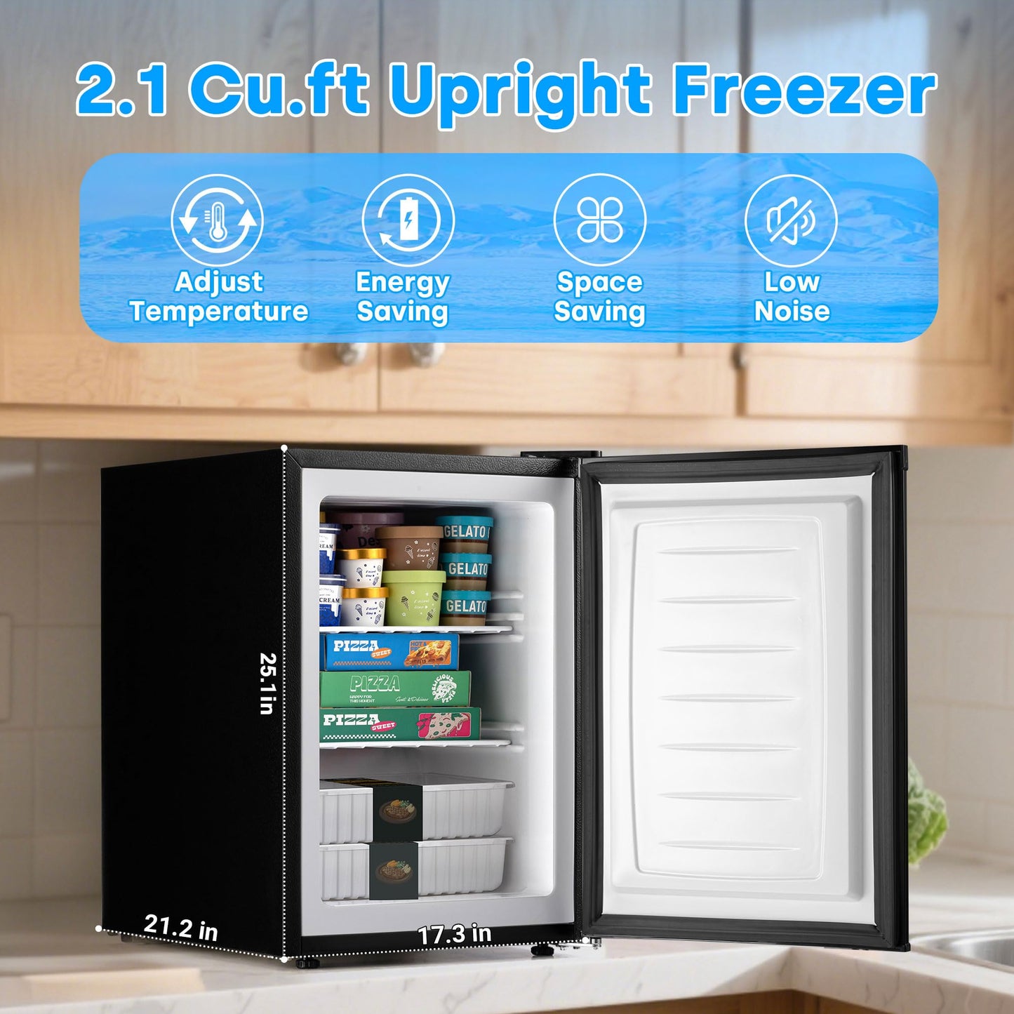 Stopsad 2.1 Cu.ft Upright Freezer, Mini Freezer with 7 Adjustable Thermostat & Removable Shelves, Small Standup Freezer with Reversible Single Door, Energy-Saving, Compact for Home/Dorm/Office, Black