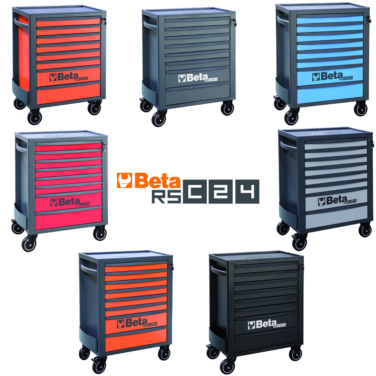 Beta RSC24 Black 8 Drawer Heavy Duty Rolling Tool Cabinet | Mobile Steel Tool Chest with Ball Bearing Slides | 1760 lbs Load Capacity | 5" Casters | Lockable Portable Toolbox | Made in Italy