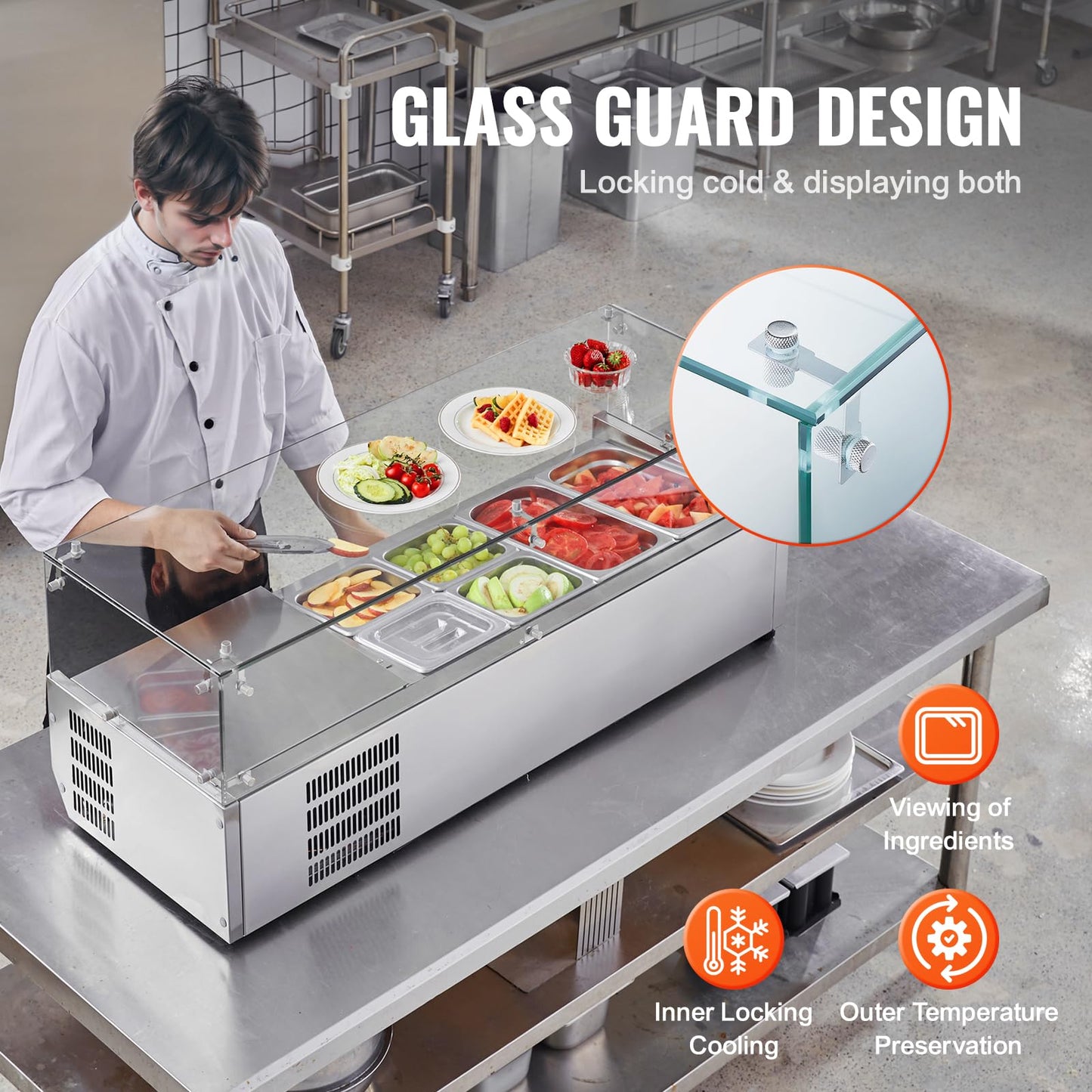 VEVOR Condiment Prep Rail Station, 135 W Countertop Refrigerated Condiment Station, with 2 1/3 4 1/6 Pans, 304 Stainless Body and PC Lid, Sandwich Prep Table with Glass Guard, ETL, Silver