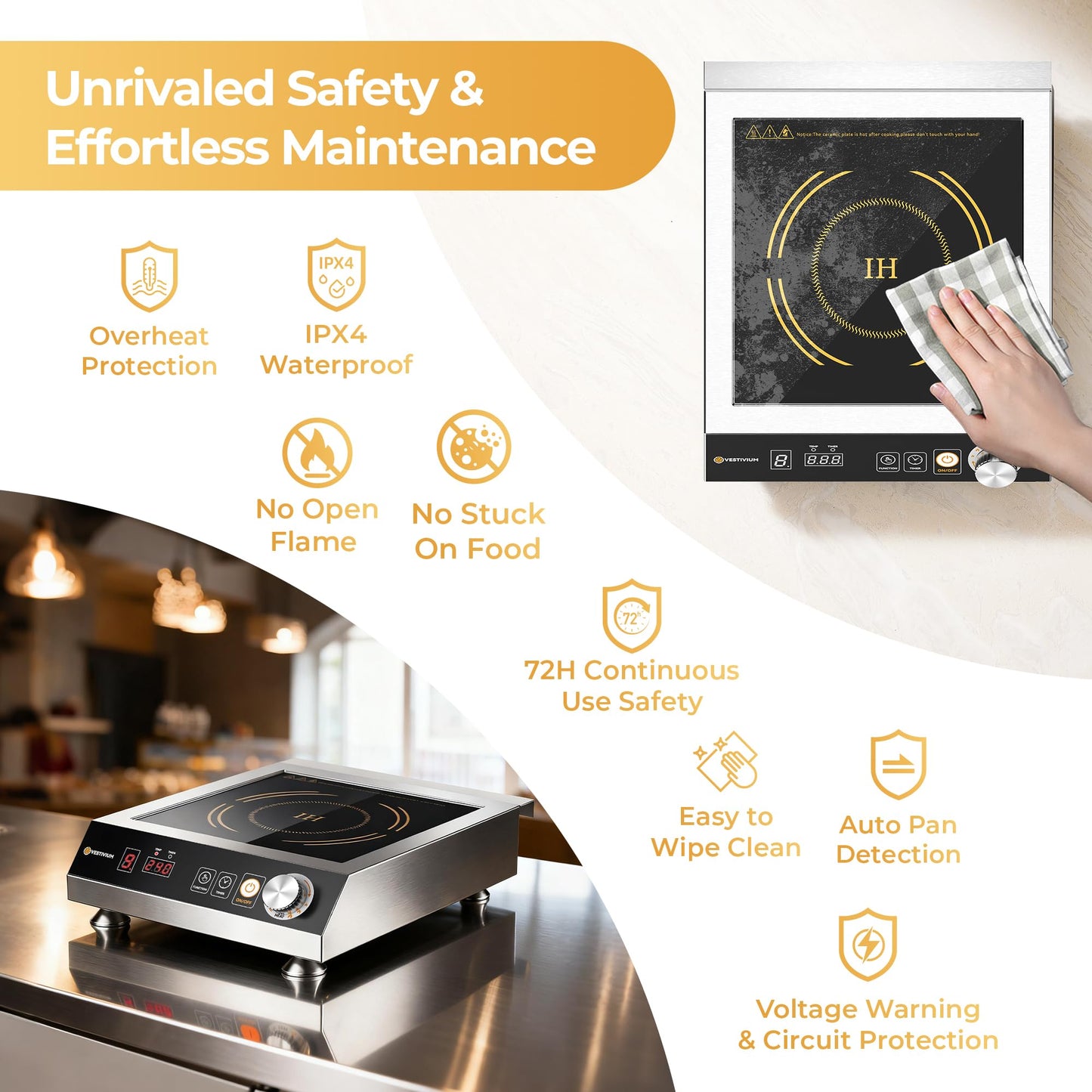 VESTIVIUM Commercial Induction Cooktop 3500W/220V, Professional Portable Countertop Burner, 9 Power/Temp Levels Dual Cooling Fans IPX4 Waterproof 72H Continuous Use, Overheat Protection