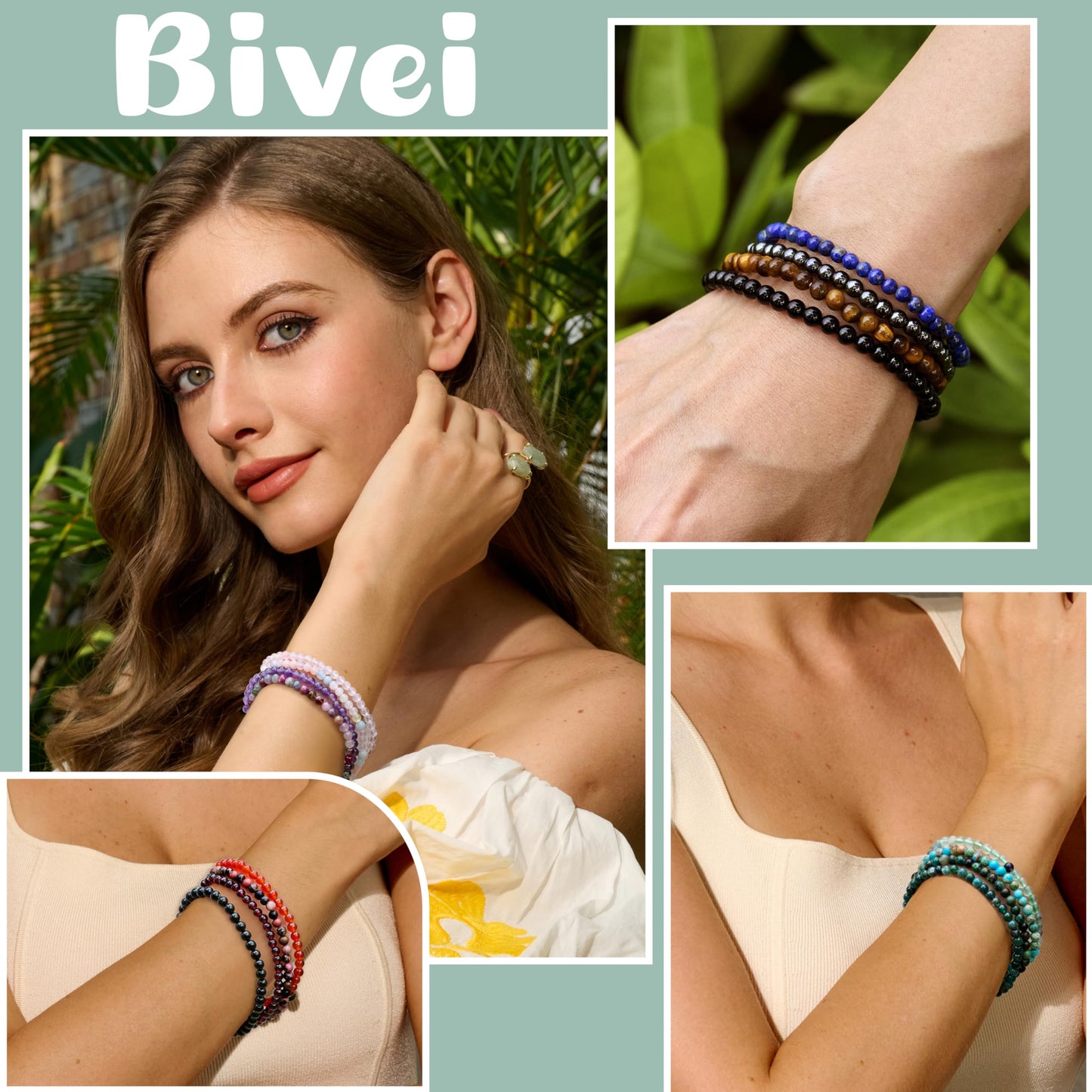 Bivei Amazonite - Soothing - 4mm Beaded Bracelets for Women Handmade Semi Precious Natural Stone Stretch Elastic Jewelry Yoga Protection Gifts Small