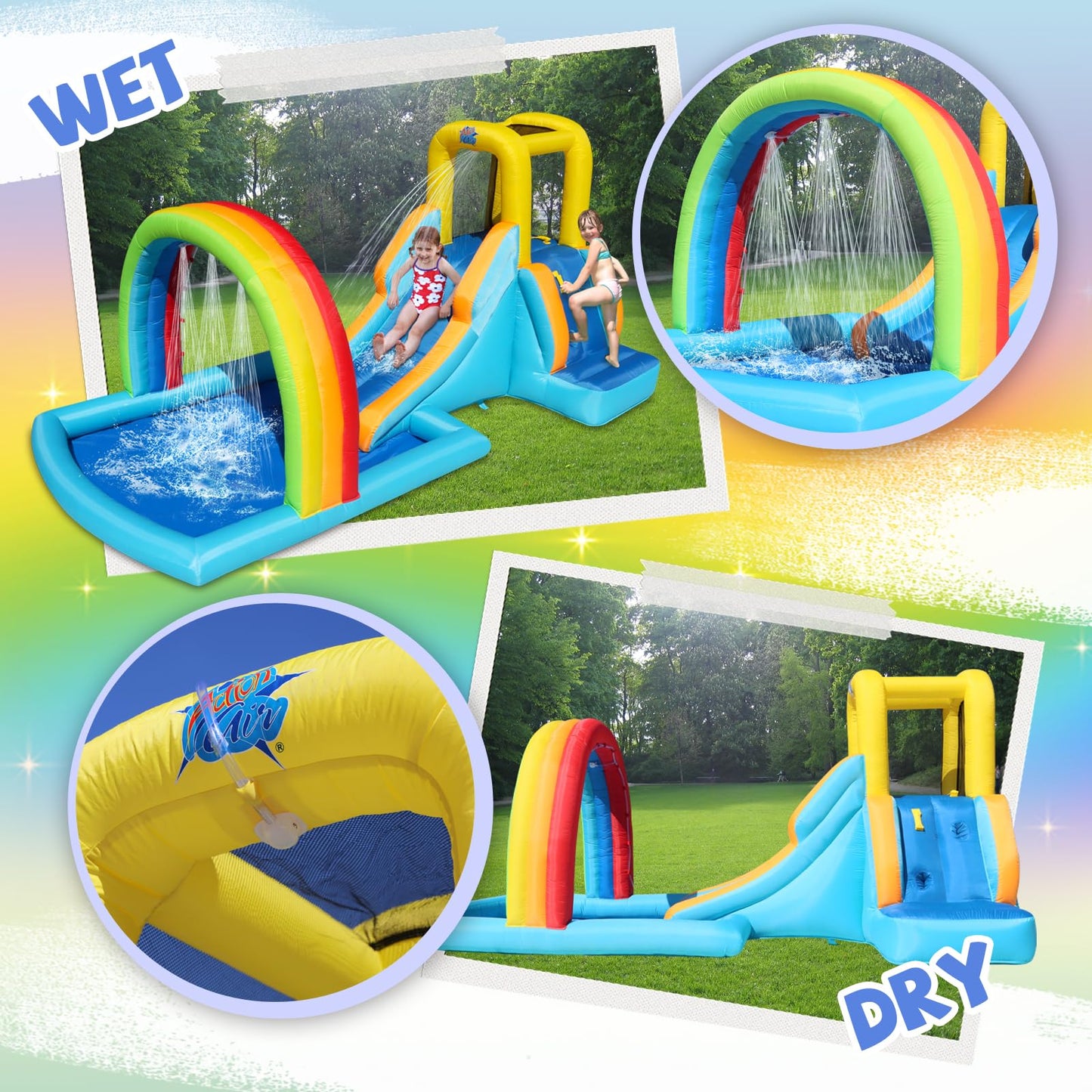 Action Air Inflatable Water Slide, Bounce House with Slide for Wet and Dry, Kids Backyard Waterpark for Summer Fun, Rainbow Splash Pool for Age 3-8, Love for Kids