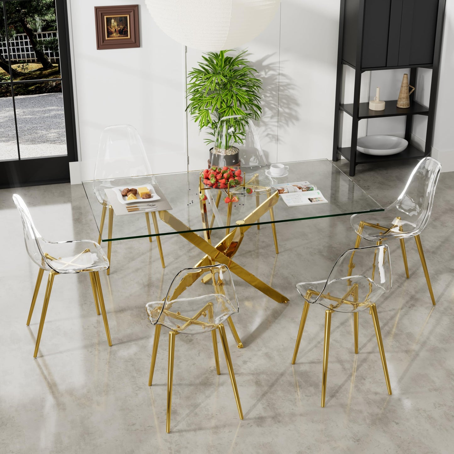 HAIZAO 63" Glass Dining Table for 4-6, Contemporary Rectangular Dining Room Table with Tempered Glass Top & Gold Finish Stainless Steel Legs, Modern Large Dining Table for Home Kitchen