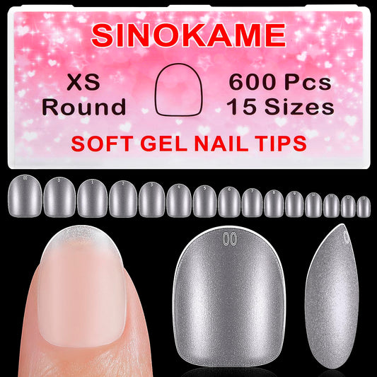 Extra Short Round Nail Tips,SINOKAME Gel Nail Tips with Tip Primer Cover,Clear Gel Press On Nails Full Matte Paintable,15 Sizes 600Pcs Short Fake Nails Glue on Nails for DIY Salon