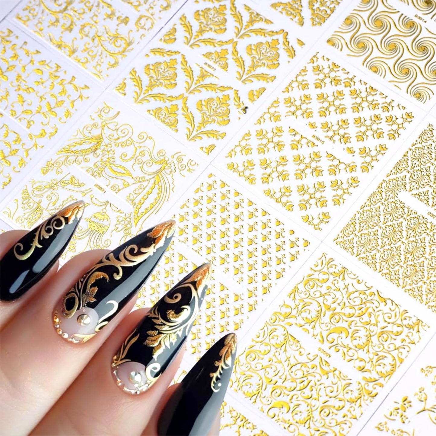 30 Sheet Nail Stickers,Gold Lace Flower Nail Art Stickers,3D Self-Adhesive Nail Decals,with Hollow Retro Floral Vine Design Spring,Gold Lace Floral Acrylic Nails Supplies for Women Manicure Decor