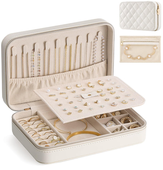 Lolalet Travel Jewelry Case for Women Girls, PU Leather Jewelry Organizer with Clear Storage Bag Small Portable Jewelry Box for Necklace Bracelet Earring Ring Mothers Day Birthday Gifts -Large/Beige