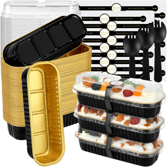 EgticHome Mini Loaf Pans with Lids and Spoons (100 Pack, Black-gold, 6.8oz) Rectangular Aluminum Foil Baking Pans