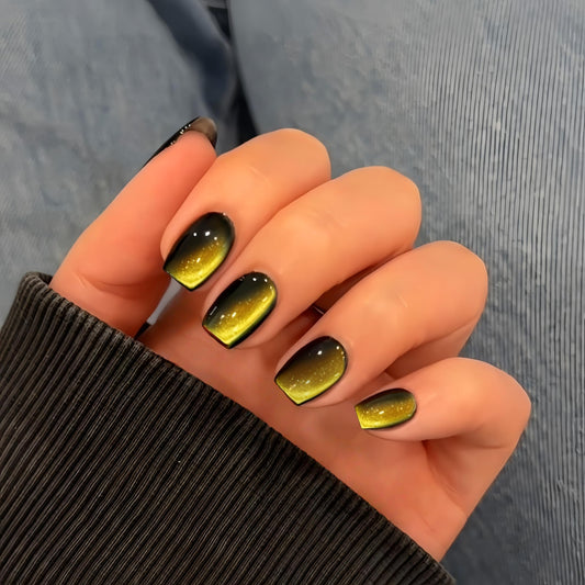 KQueenest Gold Cat Eye Press on Nails Short, 30 Pcs Chrome Press on Nails Square, Sparkly Glitter Black Fake Nails Press on Short, Reusable Soft Gel Glue on Nails for Women Party Prom, Gothic Design