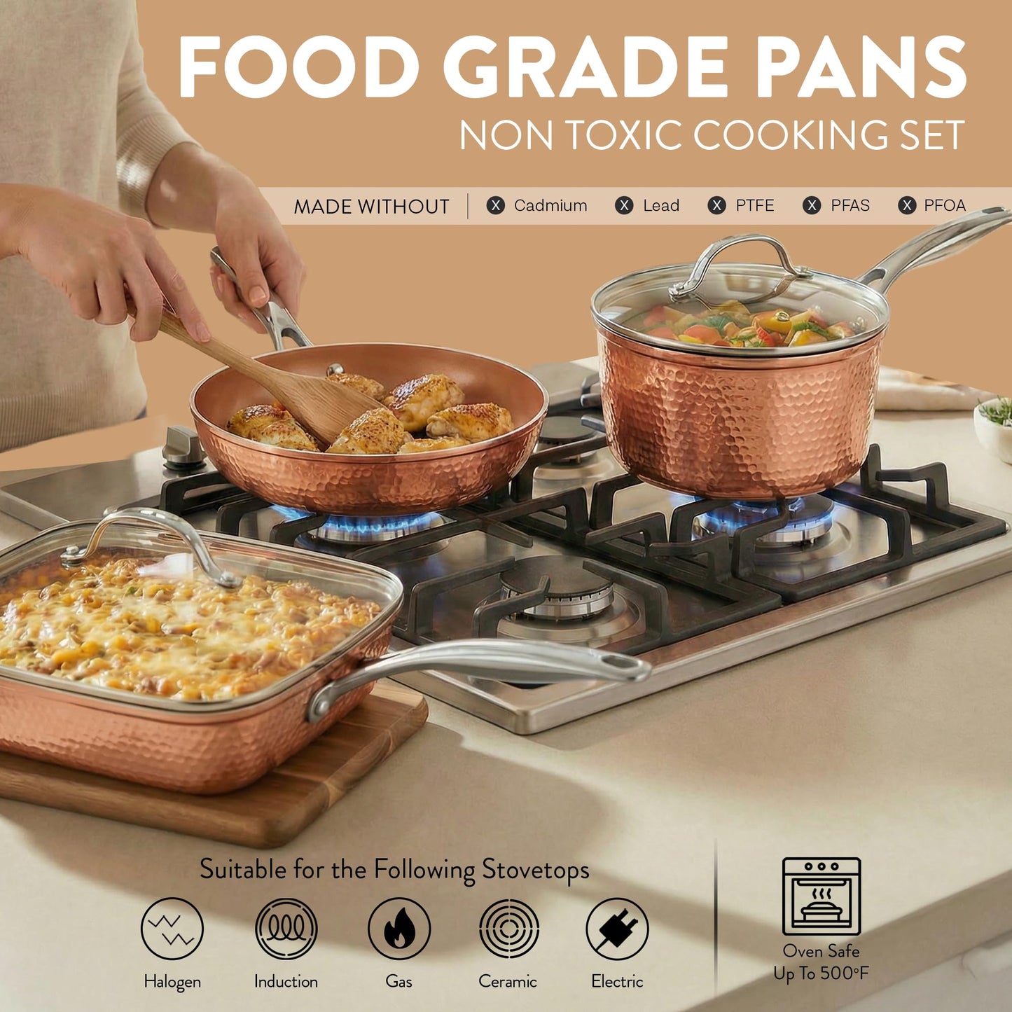 Gotham Steel Hammered 24 Pc Ceramic Cookware Set Nonstick, Induction Ceramic Pots and Pans Set Non Stick with Deep Square Pan Set & Bakeware Set, Non Toxic PFOA PFOS Free, Oven & Dishwasher Safe