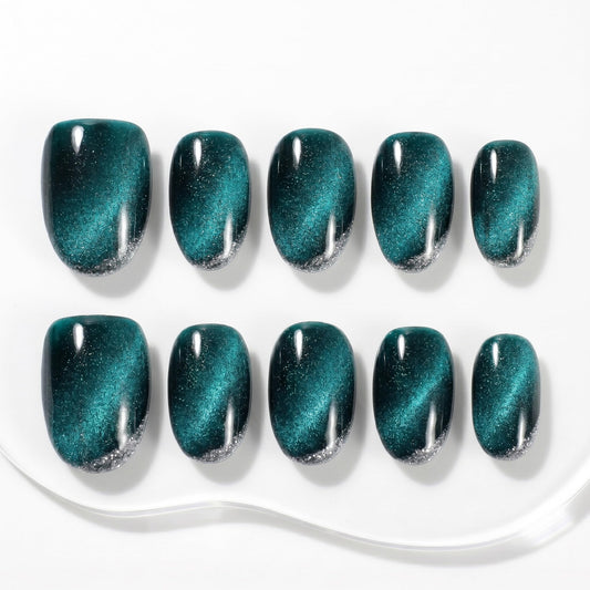 Sun&Beam Nails Handmade Short Round Green False Nail Tips with Cute Magnetic Popular Charm Design Press On Nails 10 Pcs (#036 S)