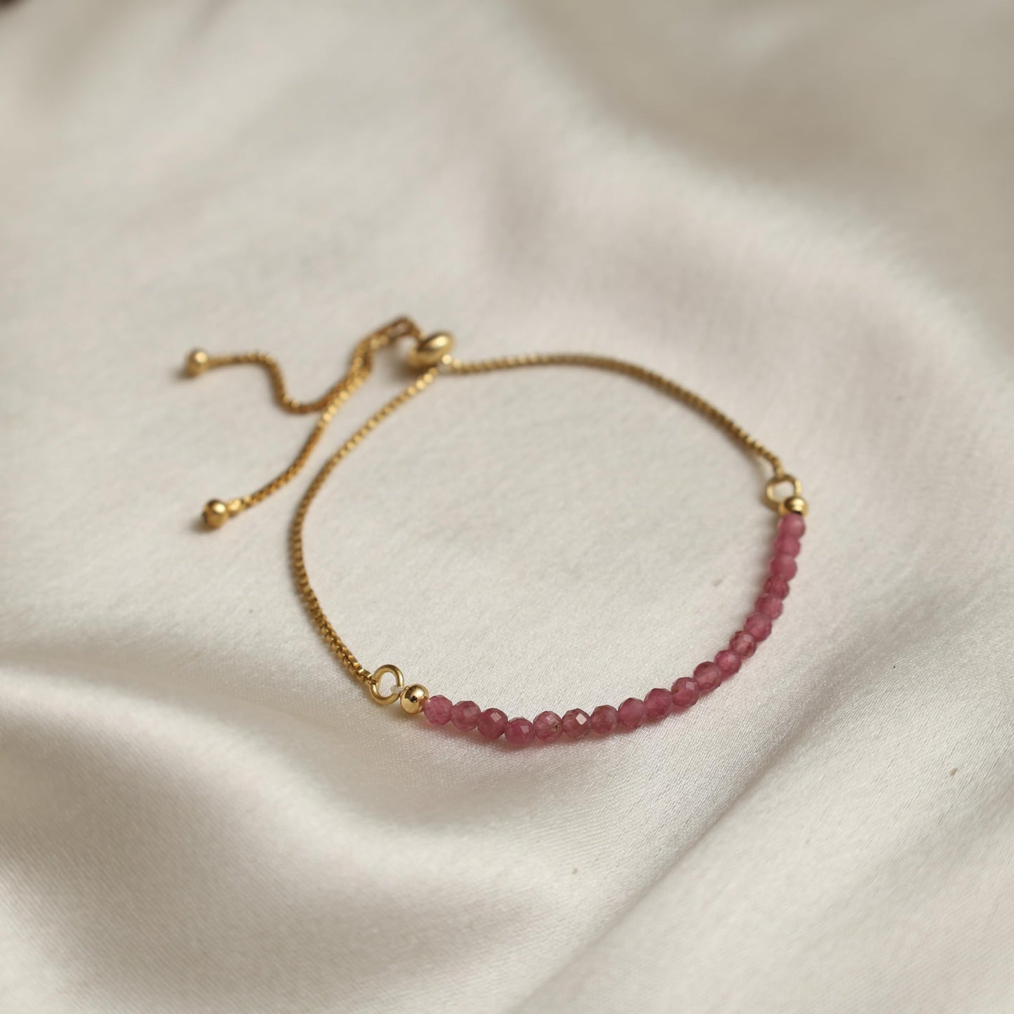 Gempires Birthstone Bracelet, Pink Tourmaline Beaded Bracelet, October Birthstone Jewelry, Bolo Beads Bracelet, Gift for Her, 14k Gold Plated Chain (6-9 inch Adjustable Length)