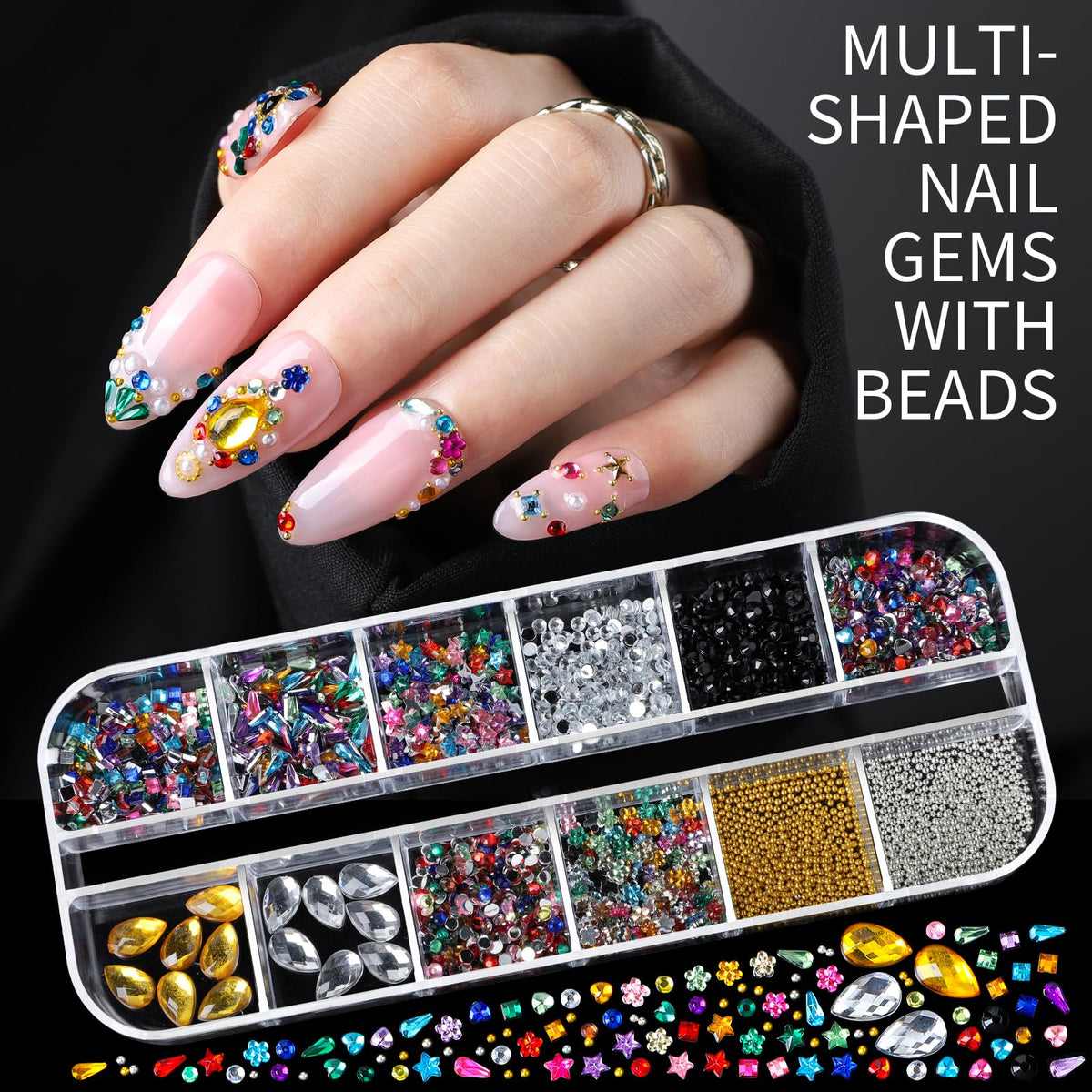 Teenitor Nail Charms Nail Gems with 15 Sheets Gold Nail Stickers, 6 Boxes of Rhinestones for Nails Art Tools, 3D Nail Decals Pearls for Nails