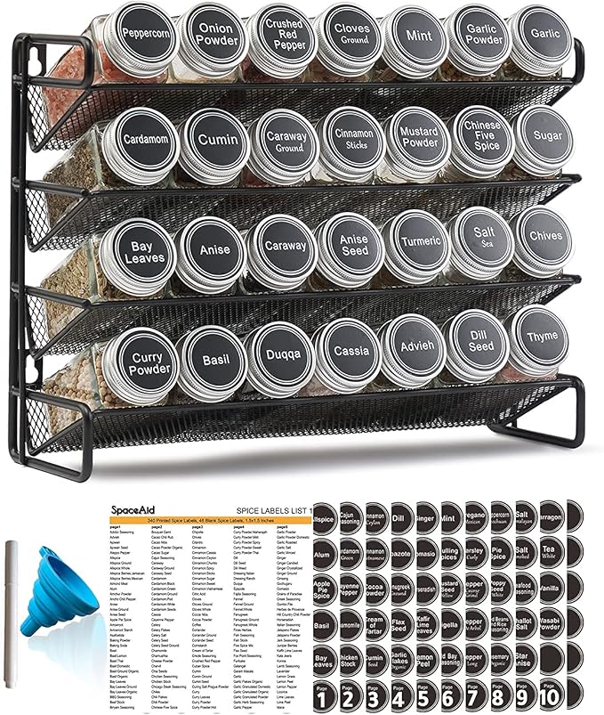 SpaceAid Spice Rack Organizer with 28 Spice Jars, 386 Spice Labels, Chalk Marker and Funnel Set for Cabinet, Countertop, Pantry, Cupboard or Door & Wall Mount - 28 Jars, 13.4" W Ã 10.8" H, Black
