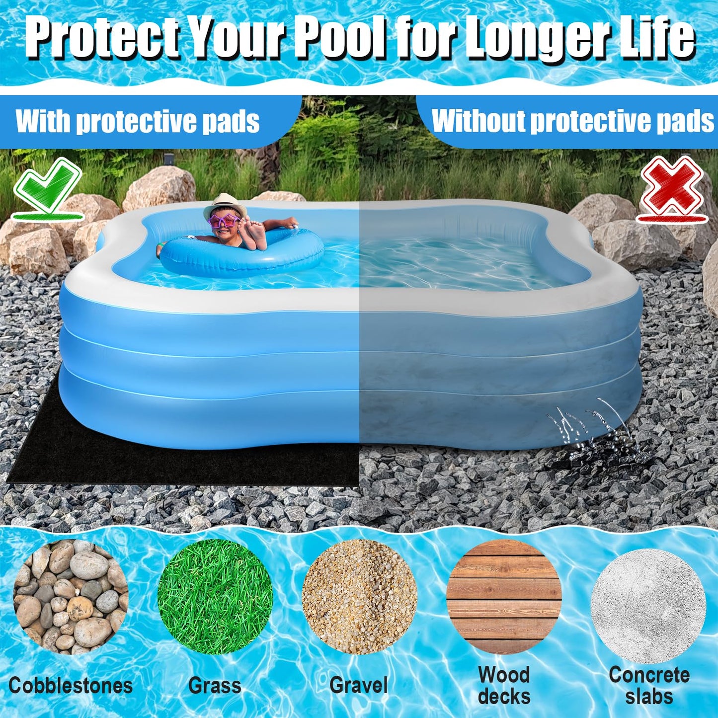 VICAMB 11 x 7.5ft Rectangular Pool Liner Pad for Above Ground Swimming Pools,220g/㎡ Heavy Duty Pool Ground Mat Under Pool Pad,Pools Bottom Liner Protector to Prevent Puncture and Extend Liner Life