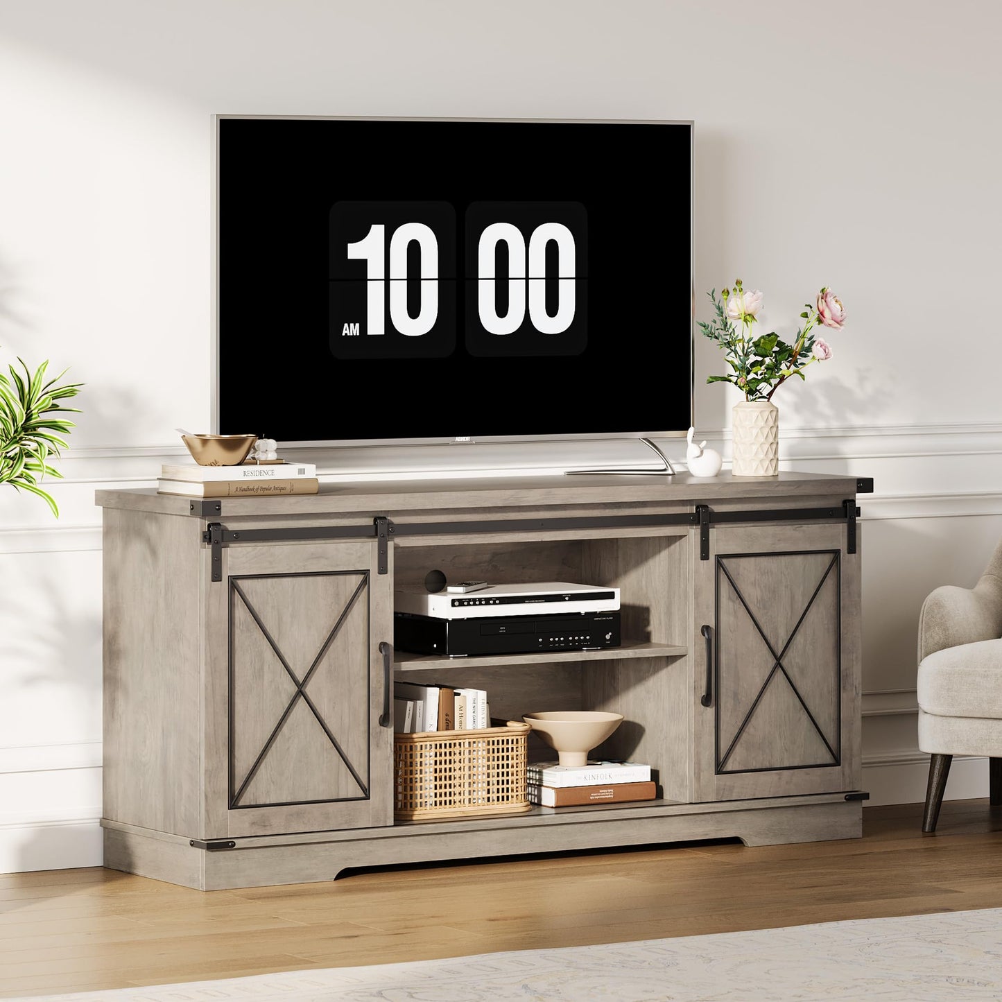 IDEALHOUSE Farmhouse TV Stand and Entertainment Center for Tv up to 65 inches with Sliding Barn Doors and Adjustable Shelf, Tv Media Console Table with Storage Cabinet for Living Room, Grey