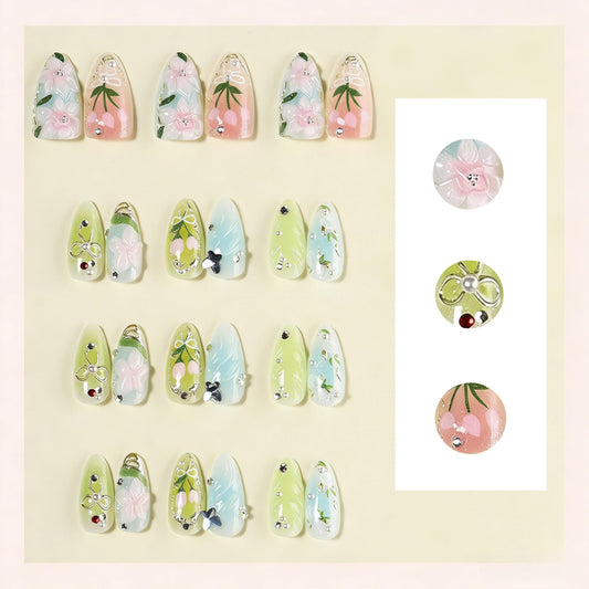 30Pcs Spring Summer Press on Nails Medium Almond Fake Nails 3D Flower False Nails with Butterfly Pearl Nails Designs Cute Floral Silver Bow Acrylic Nails Green Leaves Floral Stick on Nails for Women