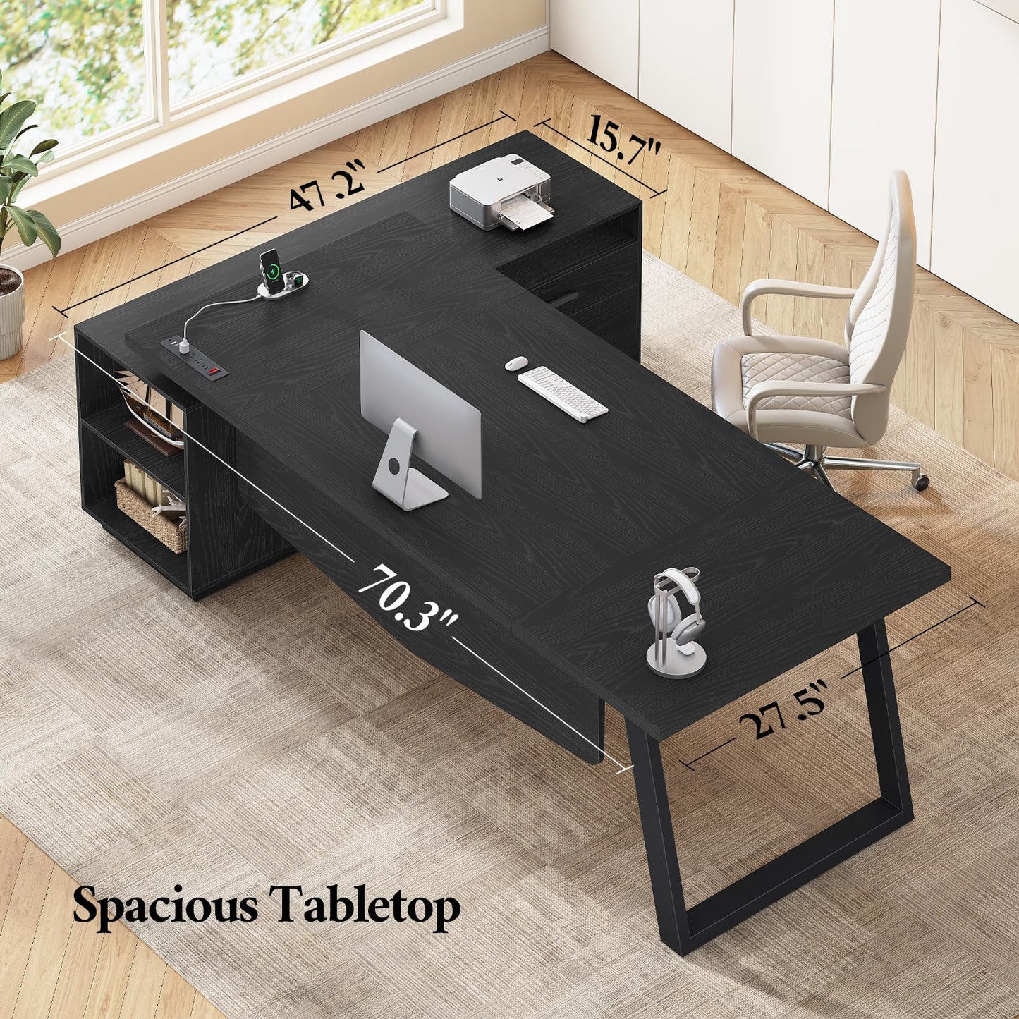 70.3 inch L Shaped Executive Desk with Power Outlets, Large Home Office Desk with Storage Drawers and File Cabinet, Modern Computer Desk with Shelves, Black Business Furniture, Square Metal Legs