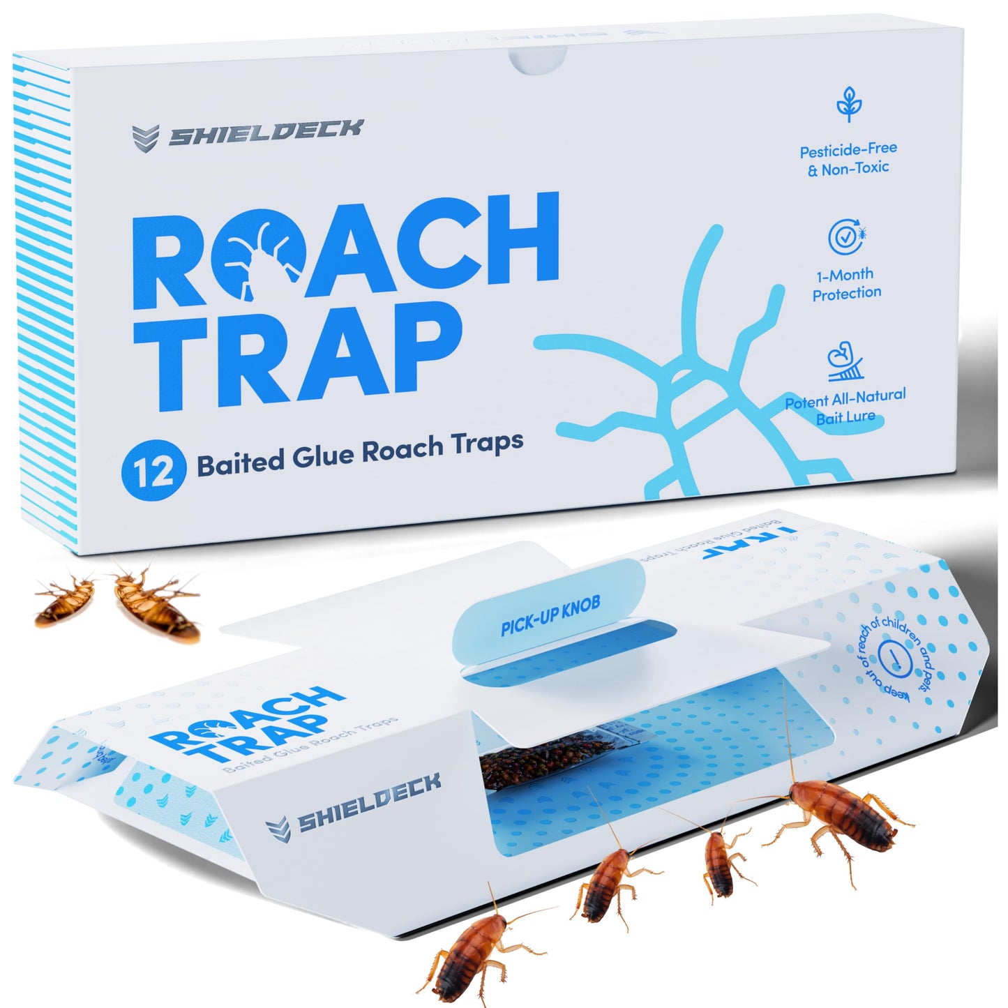 Shieldeck Roach Traps Indoor (12 Pack) â Non-Toxic Sticky Glue Traps for Roaches, Spiders & Crickets â Safe Roach Catcher for Home, Car, Apartment & Motel Pest Control