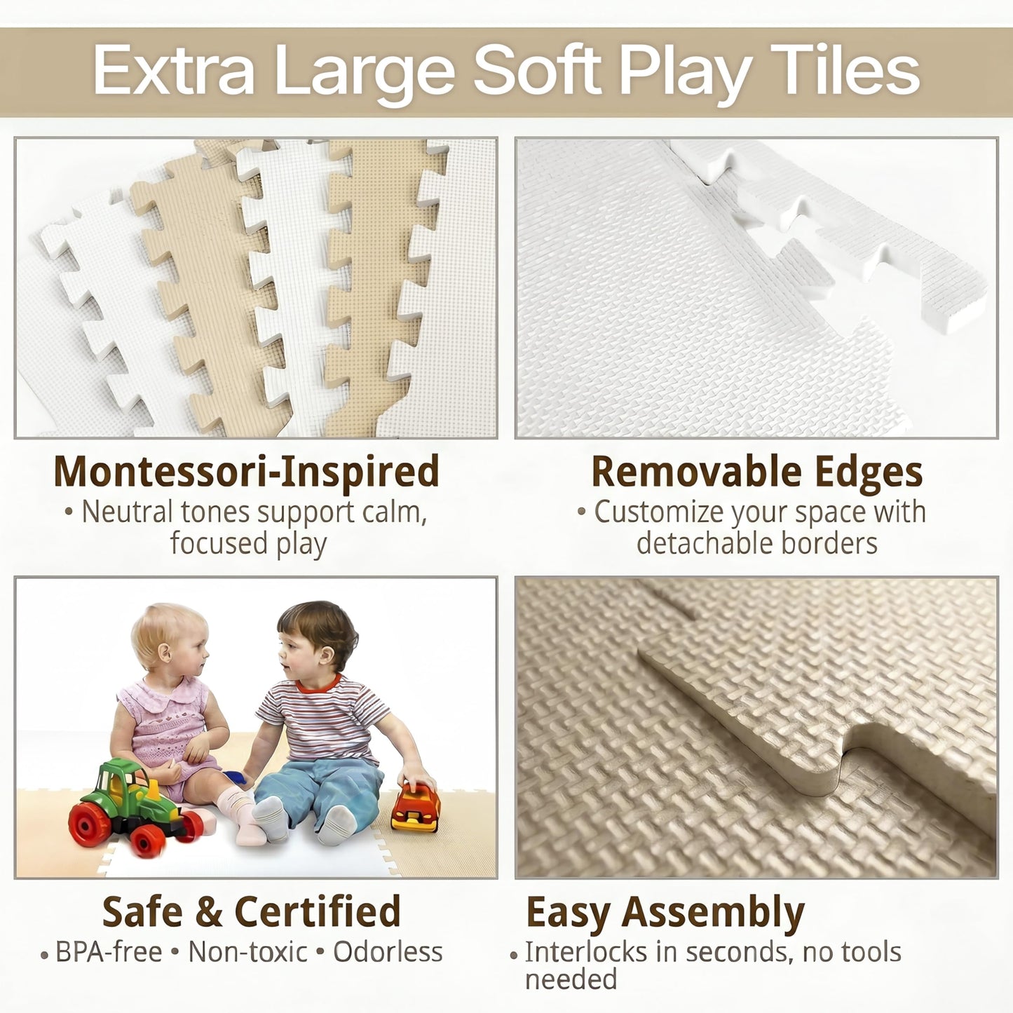 FlooringInc Baby Play Mat for Floor, Extra Large 2'x2' Foam Floor Tiles for Kids, Soft Interlocking Puzzle Mat, 1/2 Inch Thick, Non-Toxic EVA (Earthy, 6 Tile Pack, 24 Sq Ft)