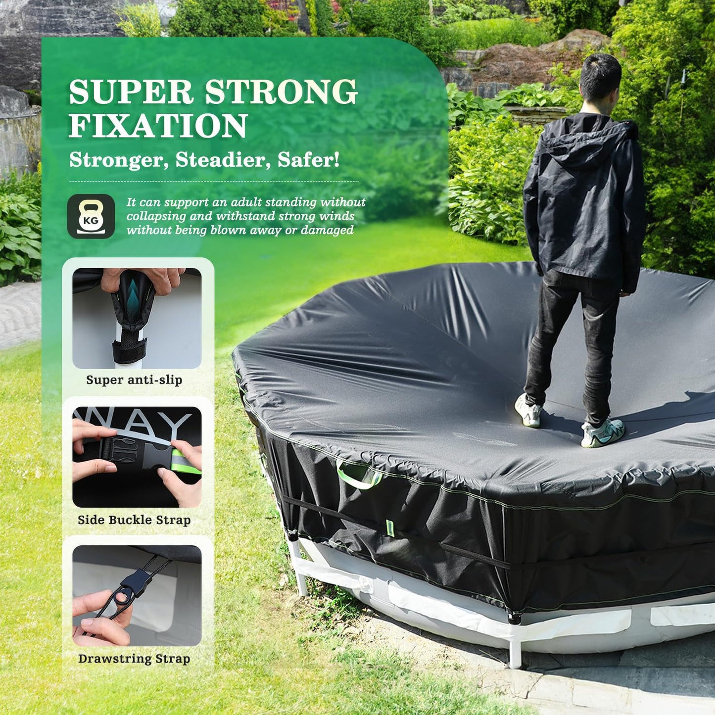 UIRWAY 500D Pool Cover 16FT Round [2026 Upgraded Heavy Duty Fabric] Solar Pool Covers for Above Ground Pools, New Super Windproof Gel-Coated Tarp Straps, Swimming Pool Covers with UV Protection
