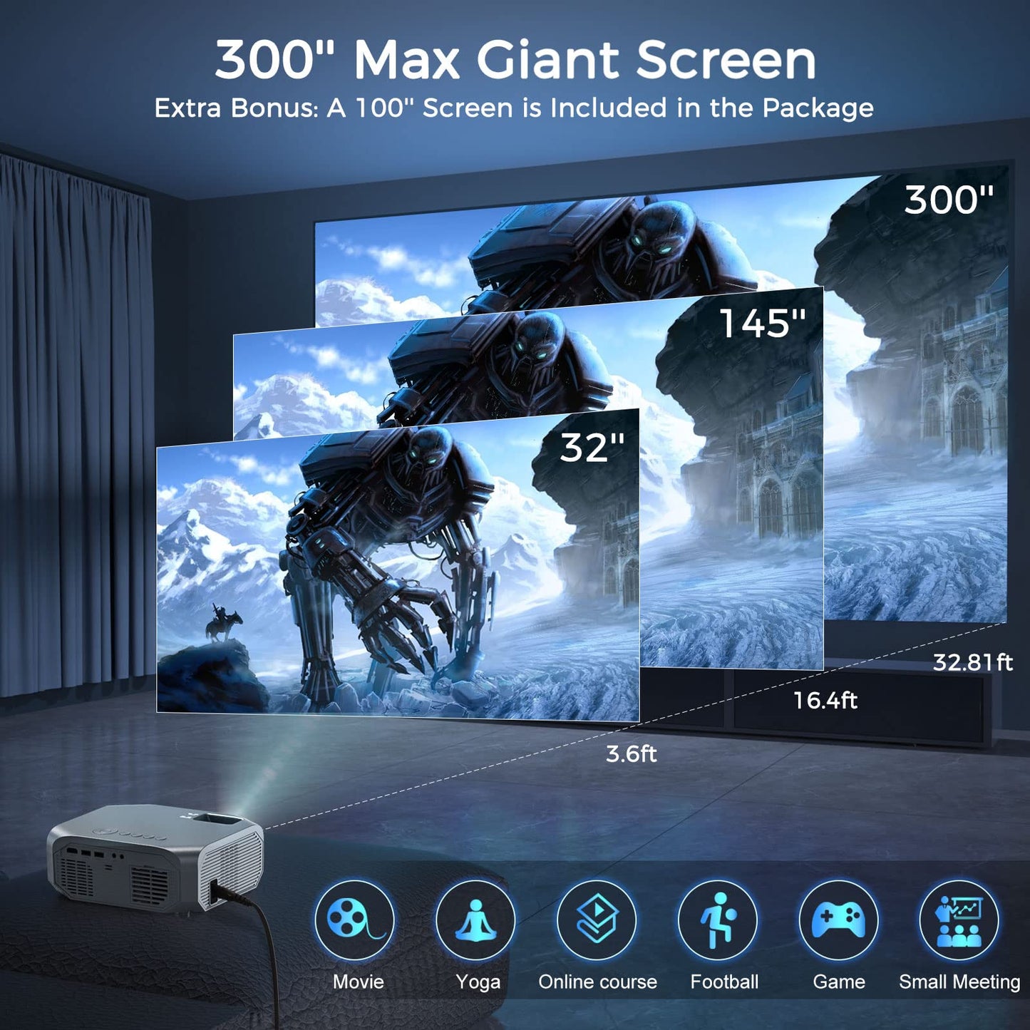 FUDONI Projector with WiFi and Bluetooth, Native 1080P Outdoor Movie Projectors 4k Supported, 15000L Portable Home Theater Projector Max 300", Indoor&Outdoor Use, Black