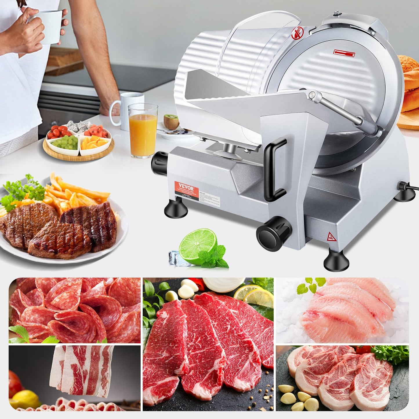 VEVOR Commercial Meat Slicer, 10 inch Electric Food Slicer, 240W Frozen Meat Deli Slicer, Premium Chromium-plated Steel Blade Semi-Auto Meat Slicer For Commercial and Home use