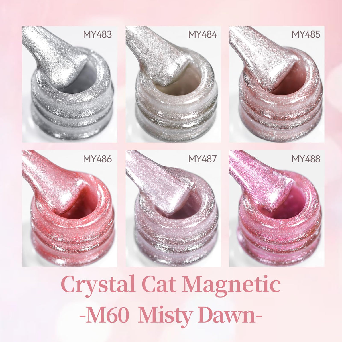 Born Pretty Cat Magnetic Eye Gel Nail Polish Set,6 Color Nude Pink Silver Shimmer Glitter Holographic Magnetic Soak Off U V Gel Polish DIY Art for Girls Women 7ML